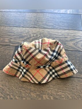 Burberry Beige Plaid Kids Bucket Hat with Black & Red Stripes